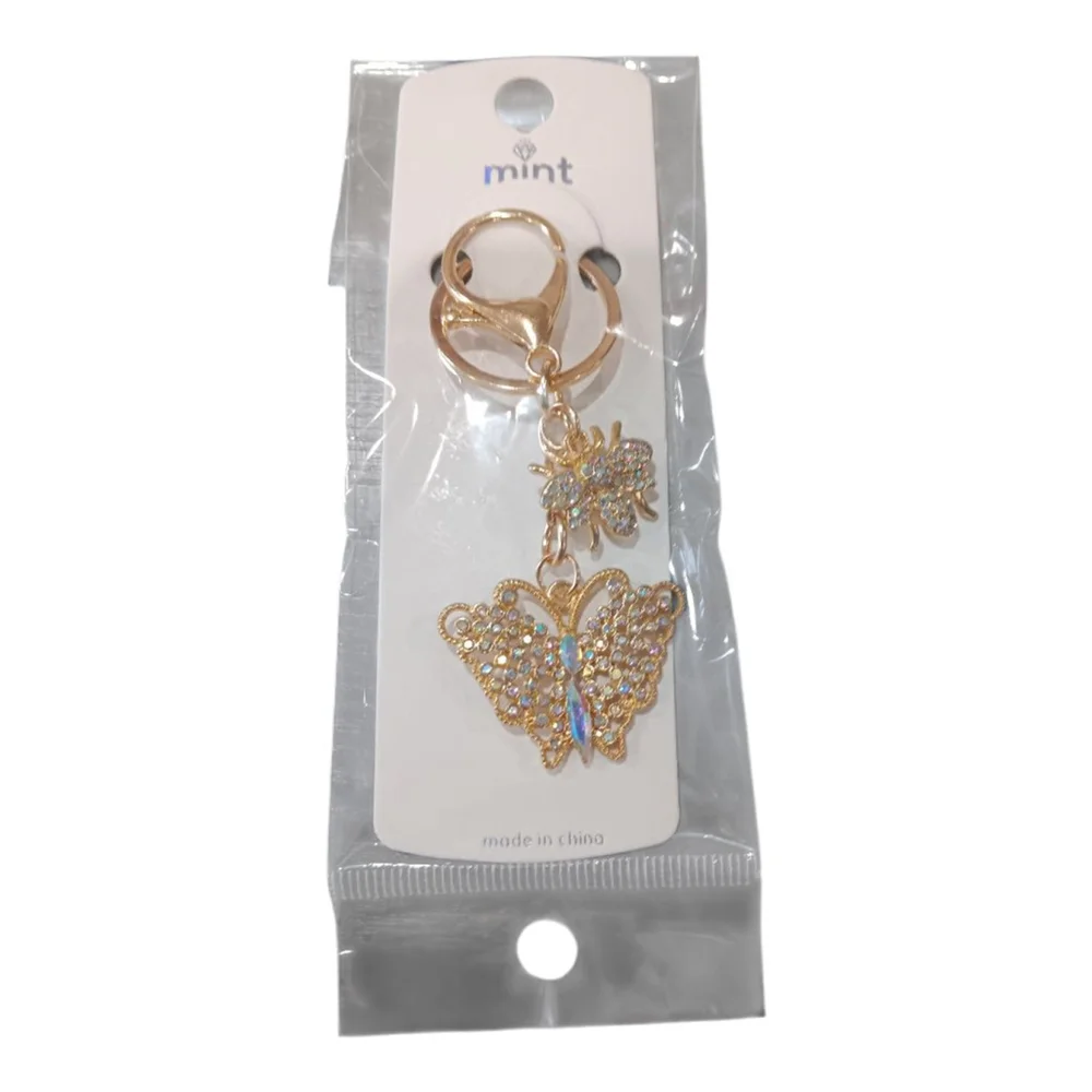 Iridescent Rhinestone Butterfly Bumblebee Gold Tone Keychain Purse Charm